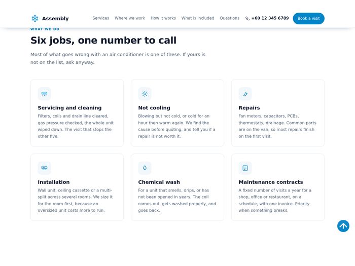 Assembly: Six service cards with drawn icons