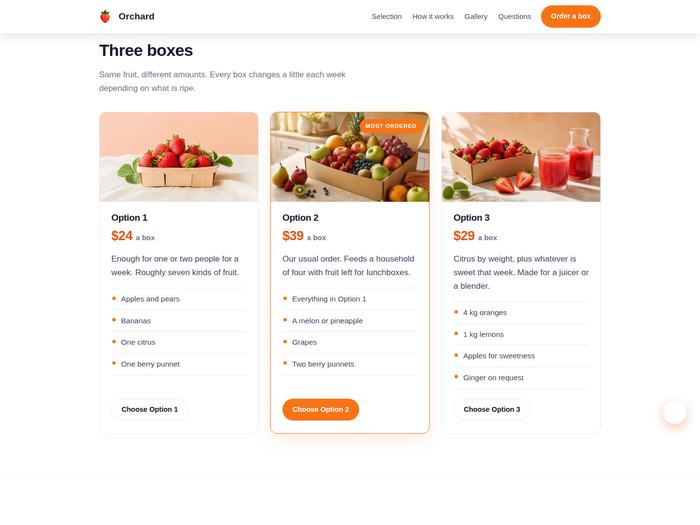 Orchard: Three product cards, one flagged