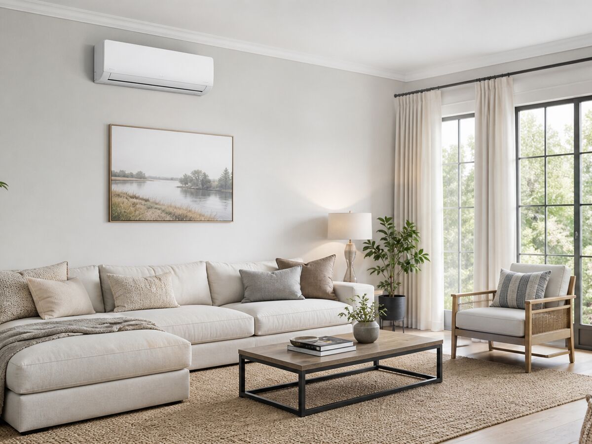 A living hall with a wall mounted air conditioner