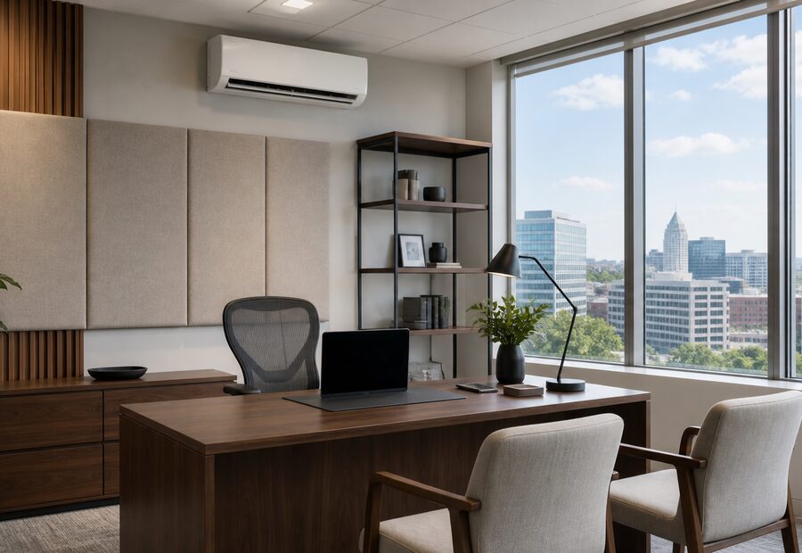 A private office with a wall mounted air conditioner and a city view