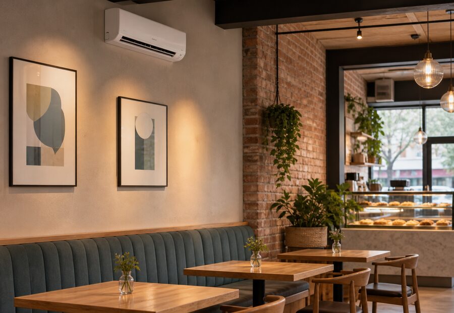 A cafe interior with an air conditioner above the seating