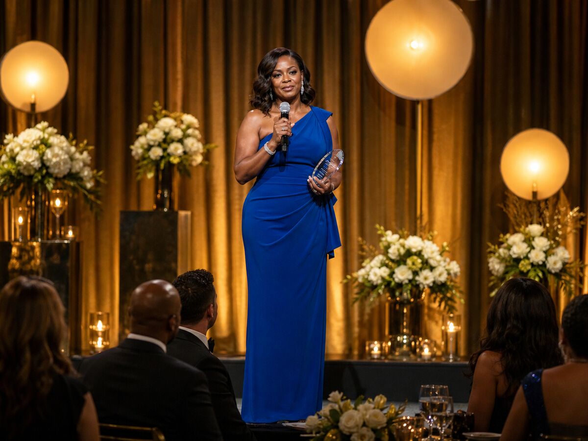An emcee in a blue gown presenting on an awards stage