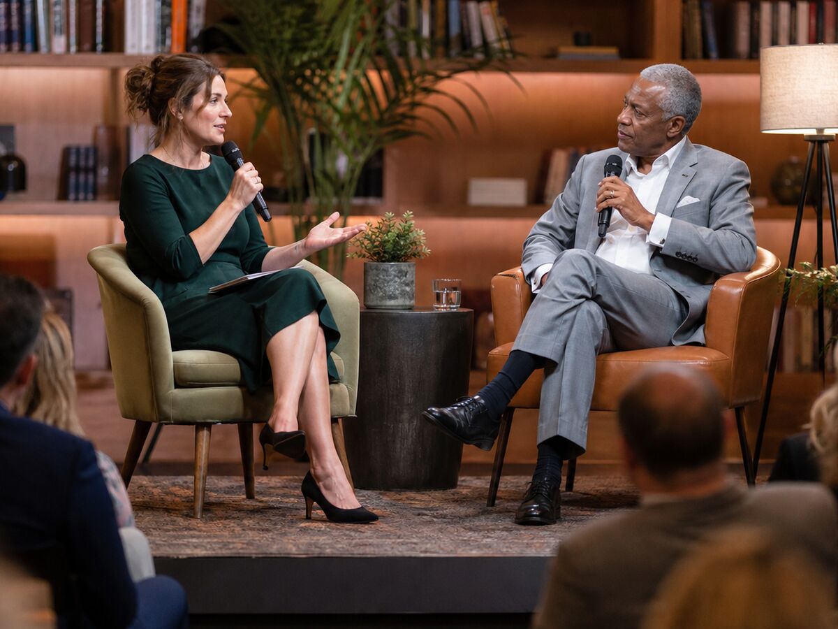 Two speakers in armchairs during a fireside chat