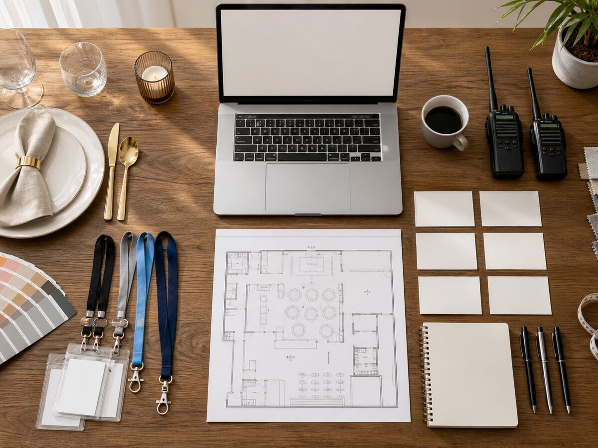 Event planning materials laid out on a table