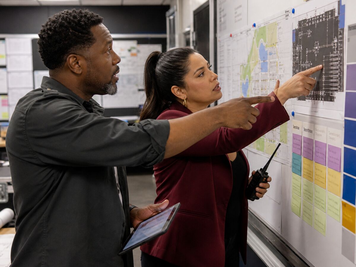 Two people working through a wall of plans and sticky notes