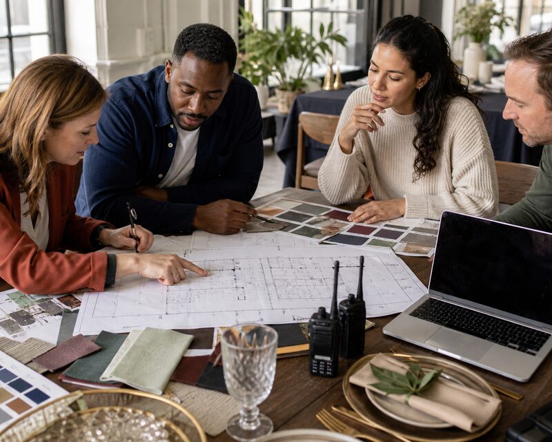 Four people around a table working through event plans and samples