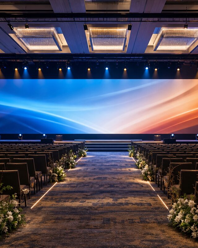 A conference hall set for an audience, stage lit