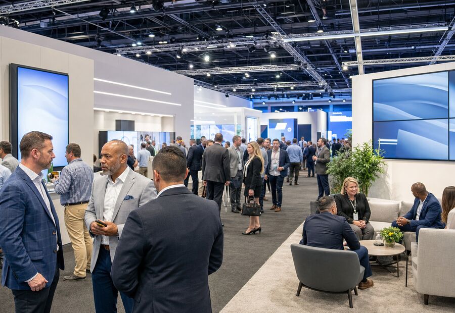 Visitors walking a trade expo floor between stands
