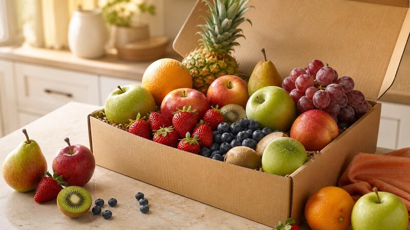 A large box of mixed fruit: pineapple, apples, pears, grapes and berries