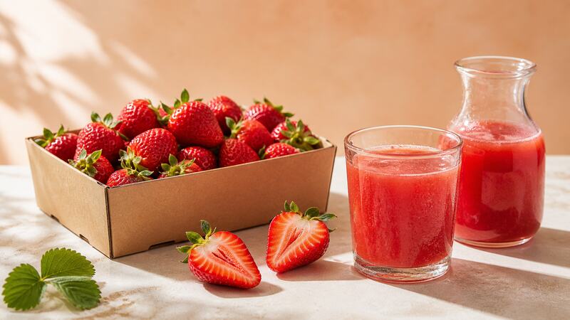 A box of strawberries beside two glasses of fresh juice