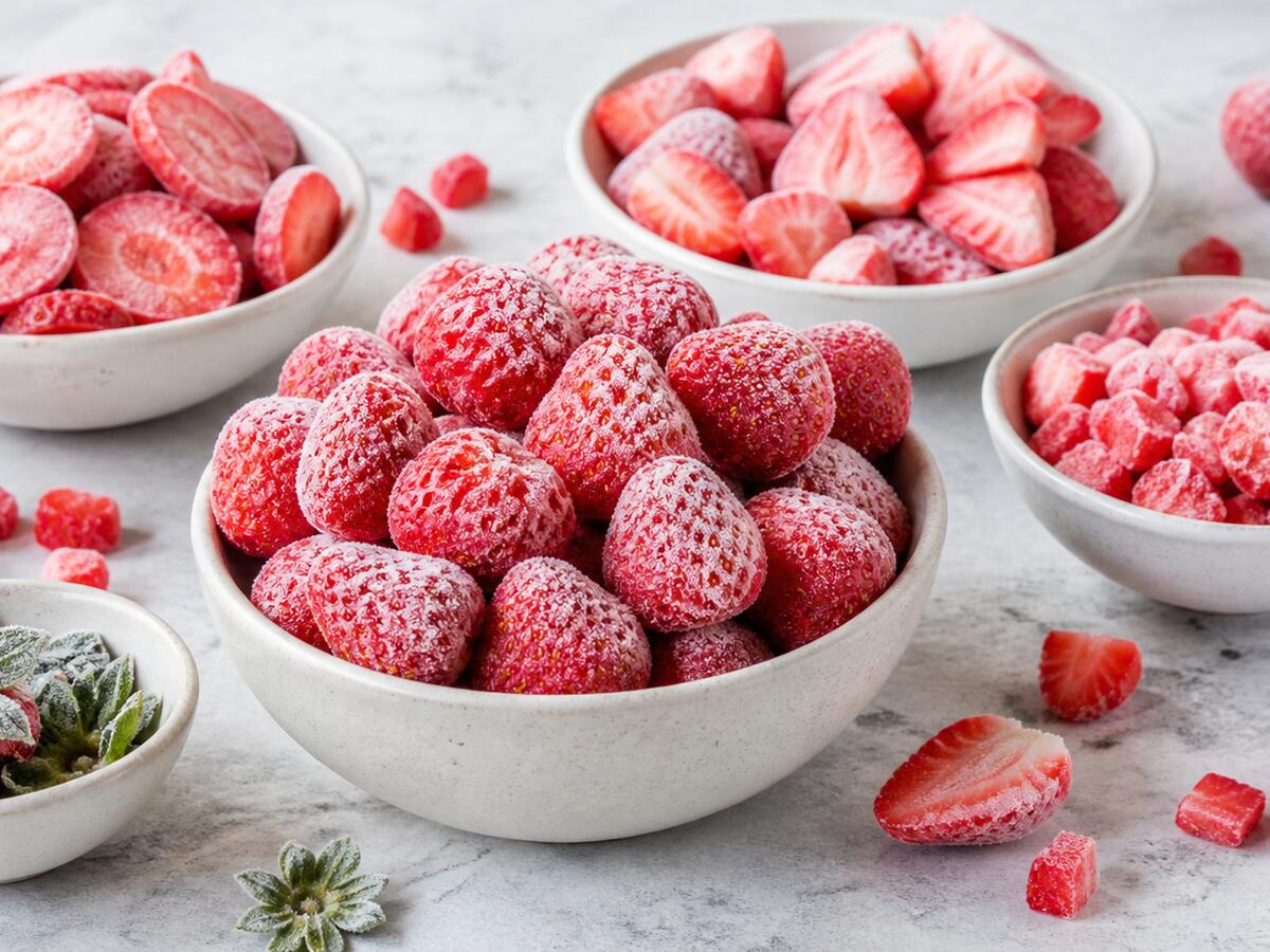Bowls of whole and sliced strawberries on a marble worktop