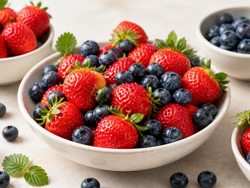 Bowls of strawberries and blueberries
