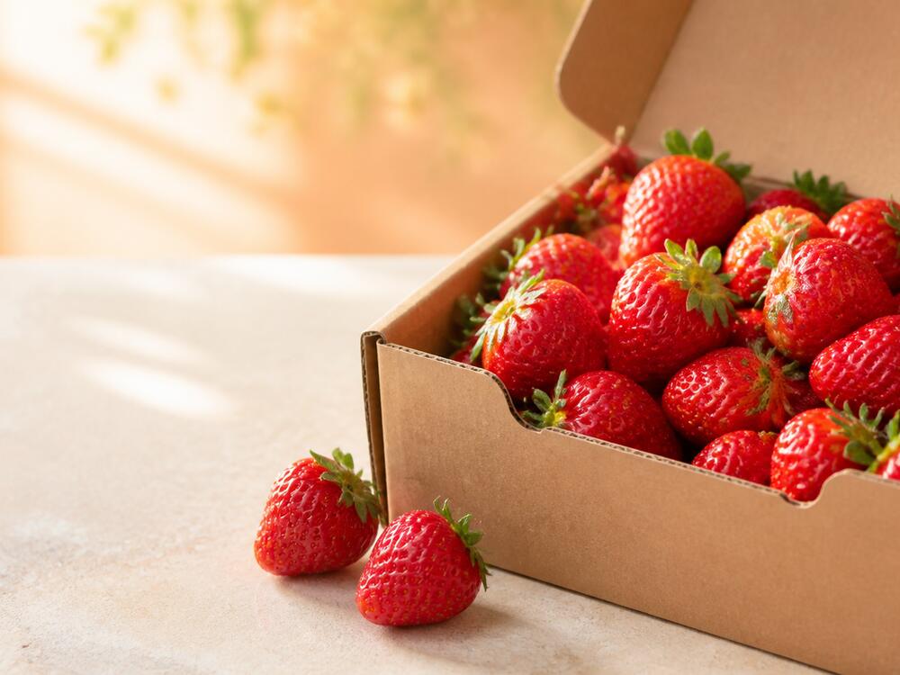 A cardboard box filled with strawberries