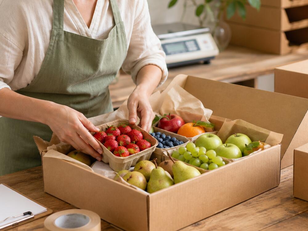 Hands placing a punnet of strawberries into a packed fruit box